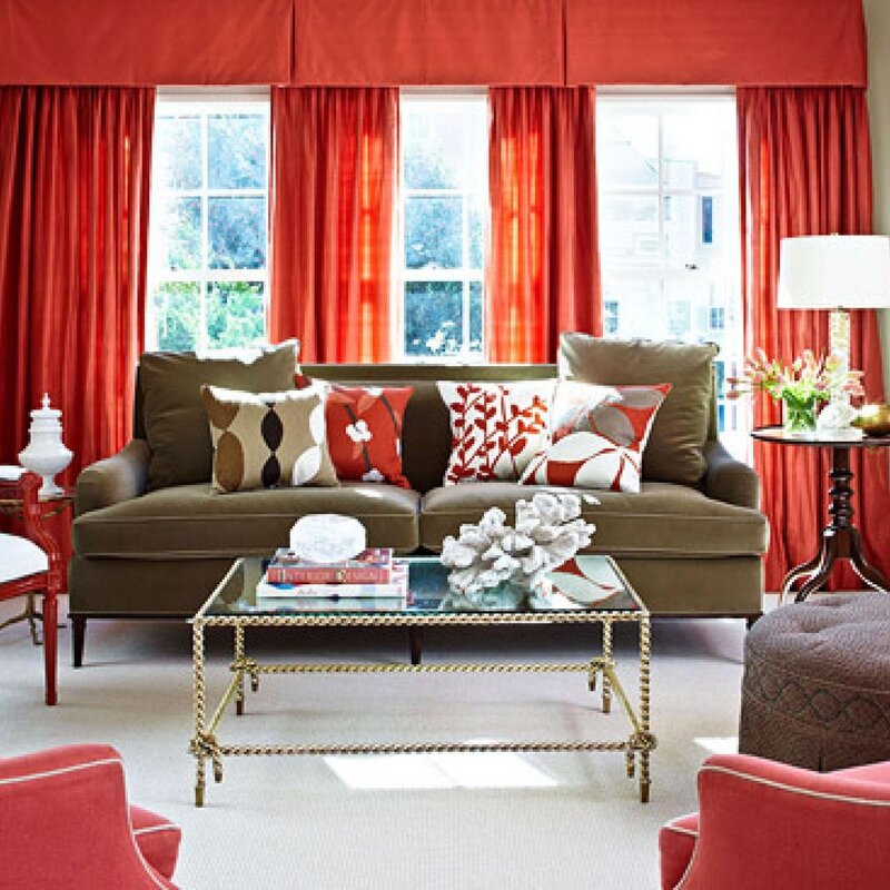 Red curtains in the living room interior