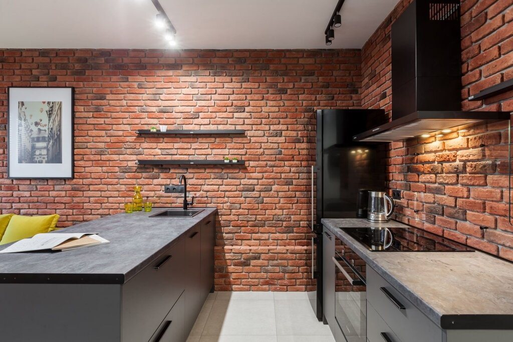 Red brick in the kitchen interior