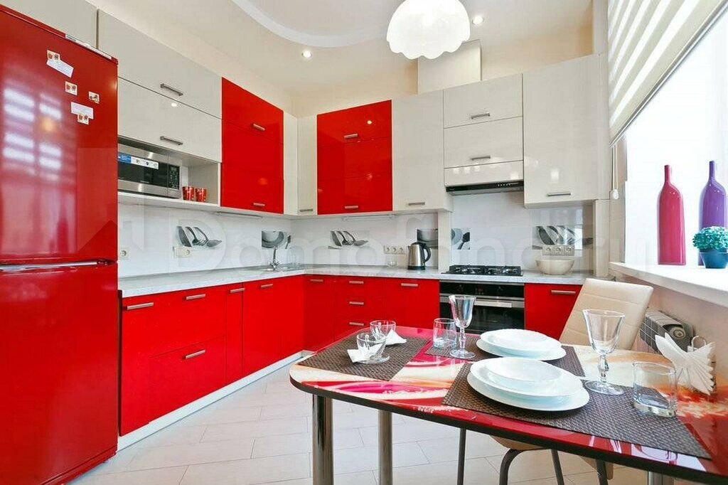 Red kitchen set in the interior