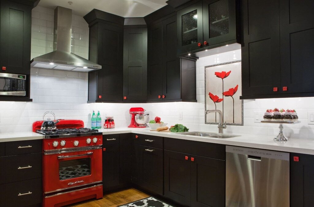 A red and black kitchen in the interior