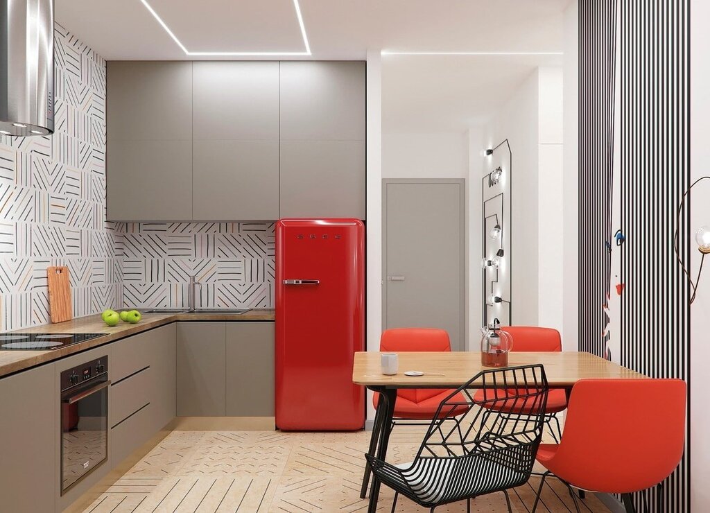 Red and gray kitchen in the interior