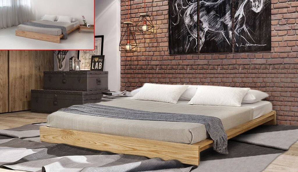 A bed without a headboard in the interior