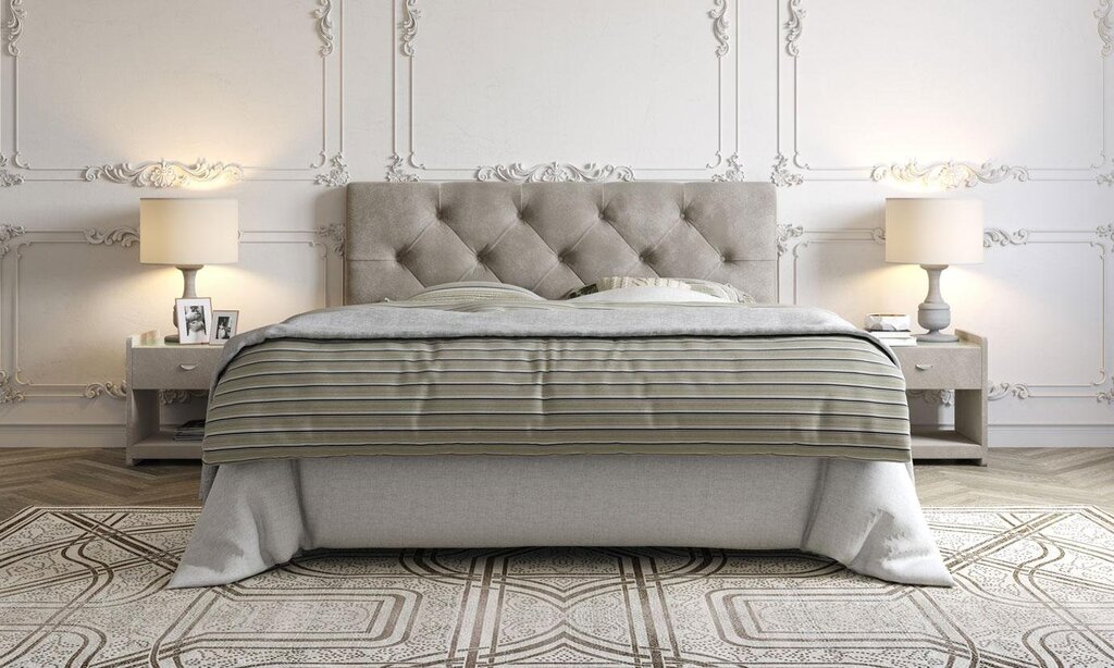 Beige bed with a soft headboard