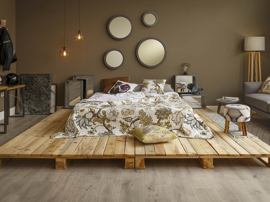 A loft-style pallet bed