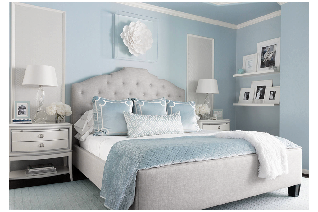 A bed in gray-blue color