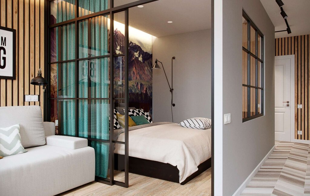 Bed behind a glass partition