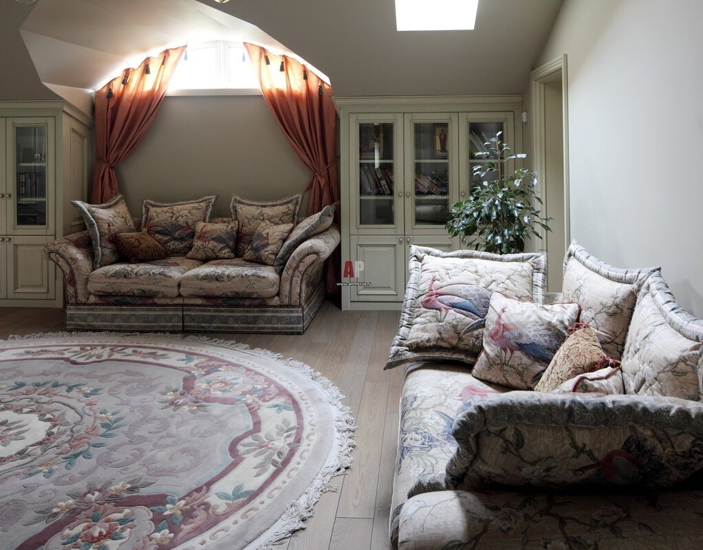 A round rug in the living room interior