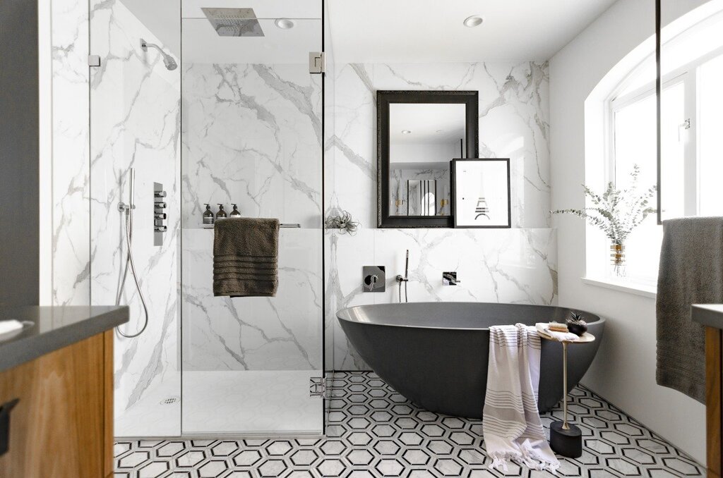 Large-format tiles in a small bathroom