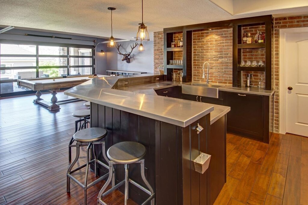 Loft corner kitchens with a bar counter