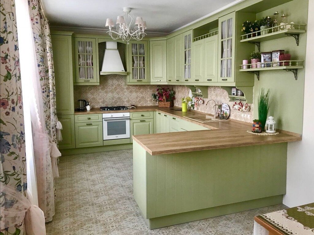 Olive and pistachio colored kitchens