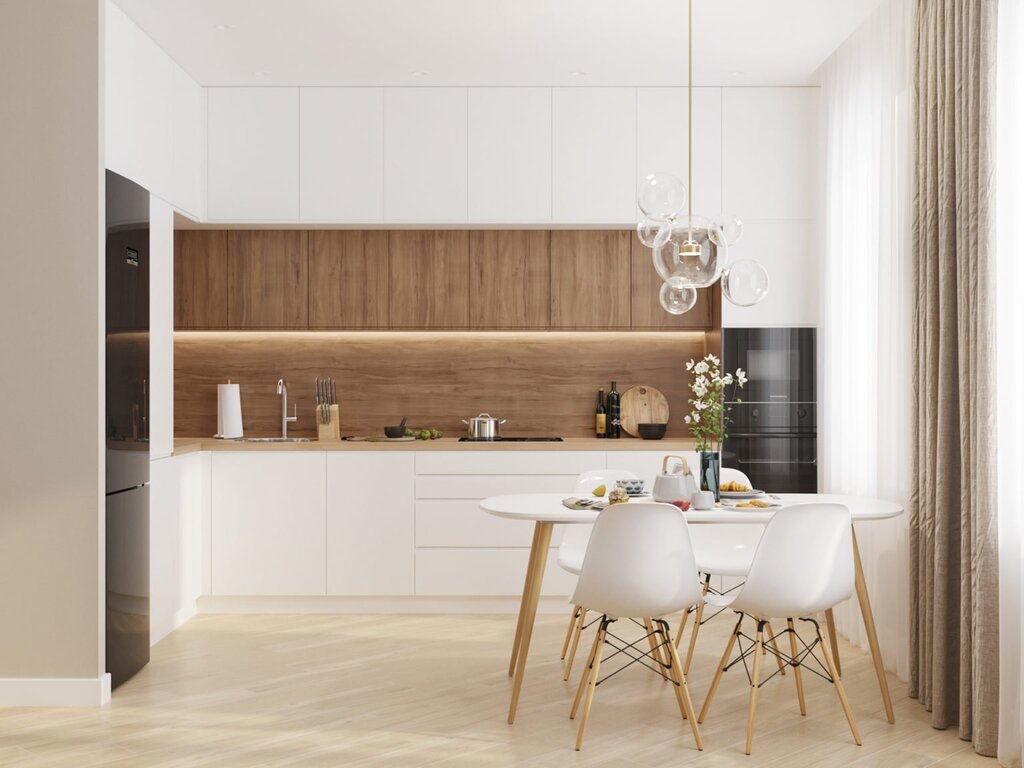 White glossy kitchen with wood