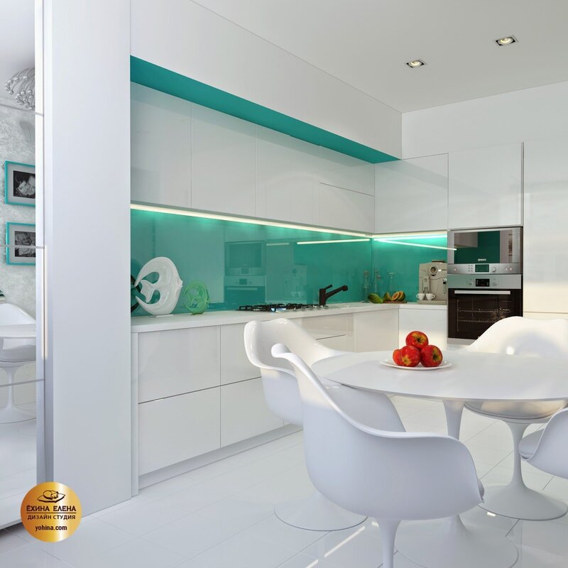 The kitchen is white with turquoise