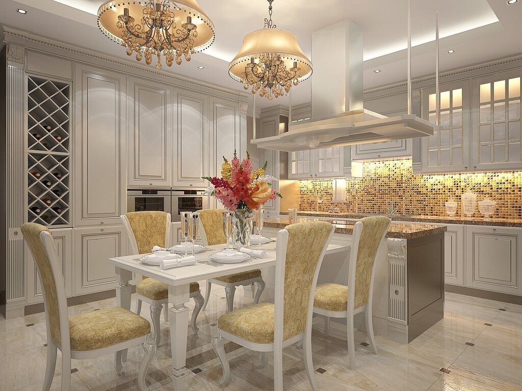 The kitchen is white with gold, modern