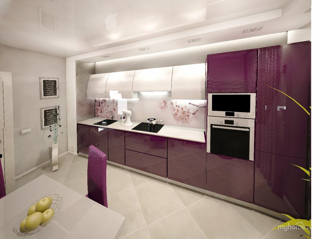 The kitchen is purple and white