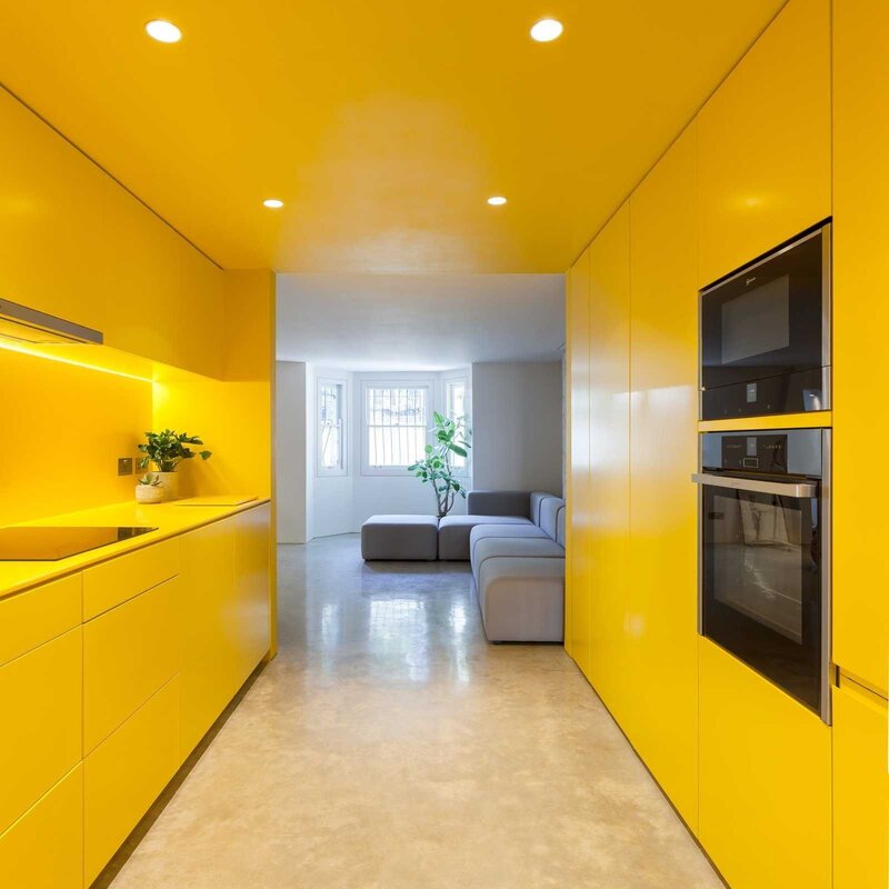 Mustard-colored kitchen