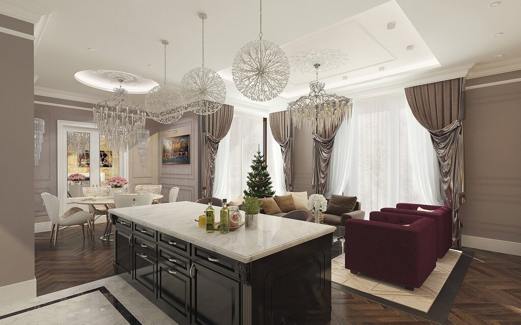 Living room kitchen with two chandeliers