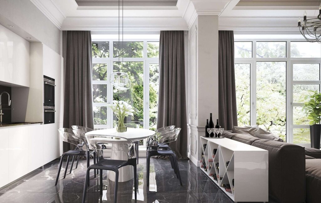 Living room kitchen with floor-to-ceiling windows