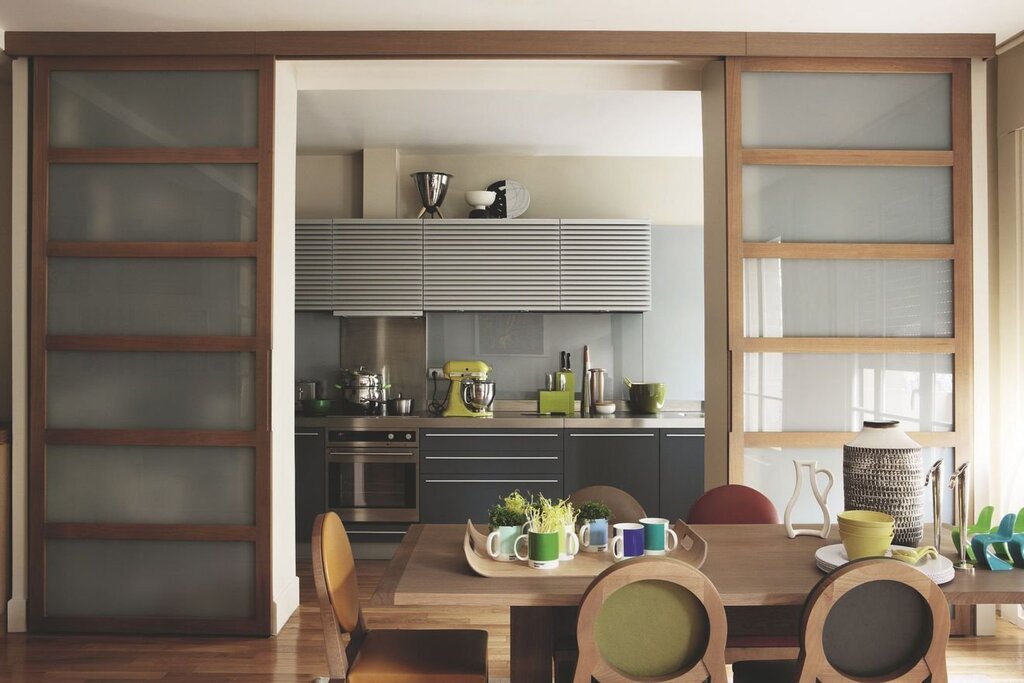 Kitchen living room with a sliding partition