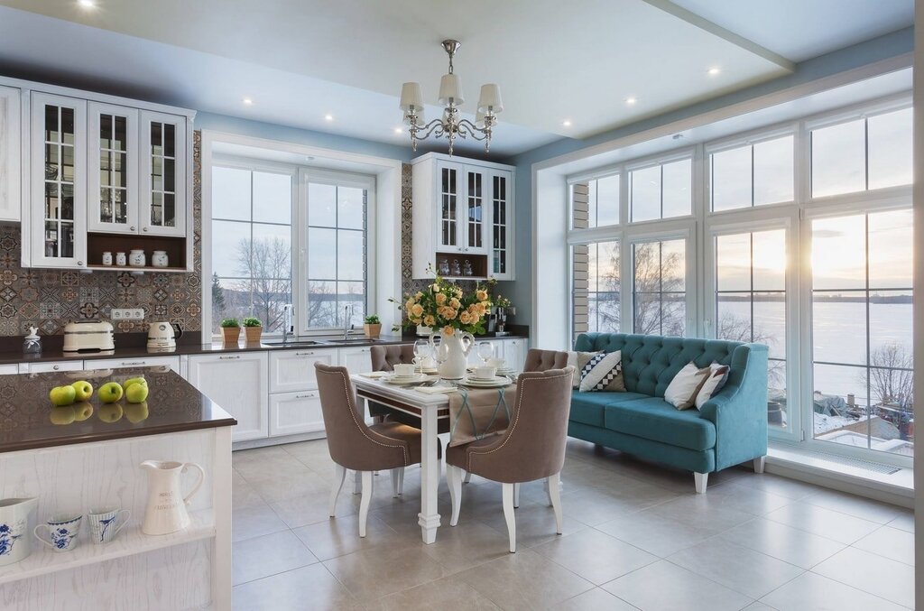 Kitchen living room with stained glass windows