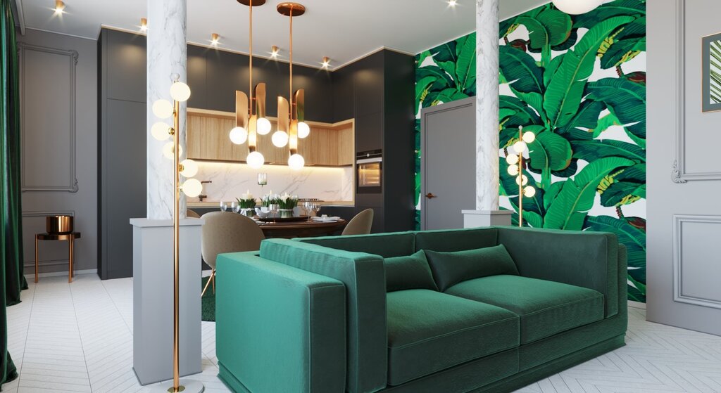 Living room kitchen with a green sofa