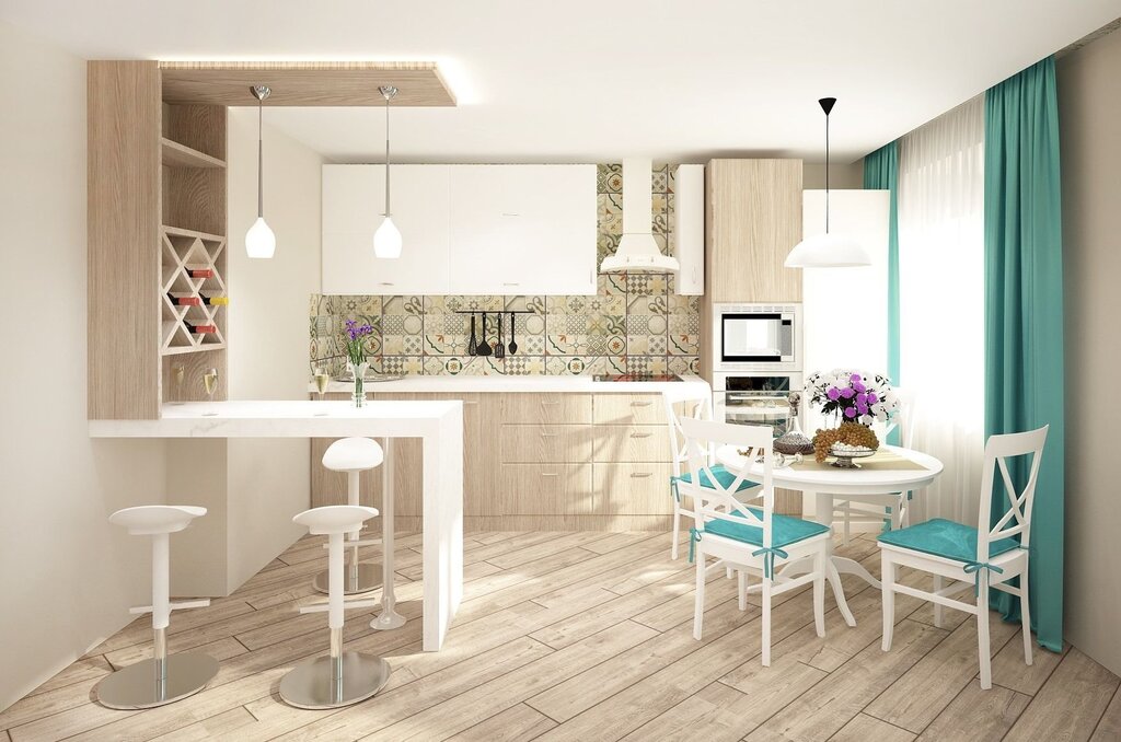 Kitchen-living room in pastel colors