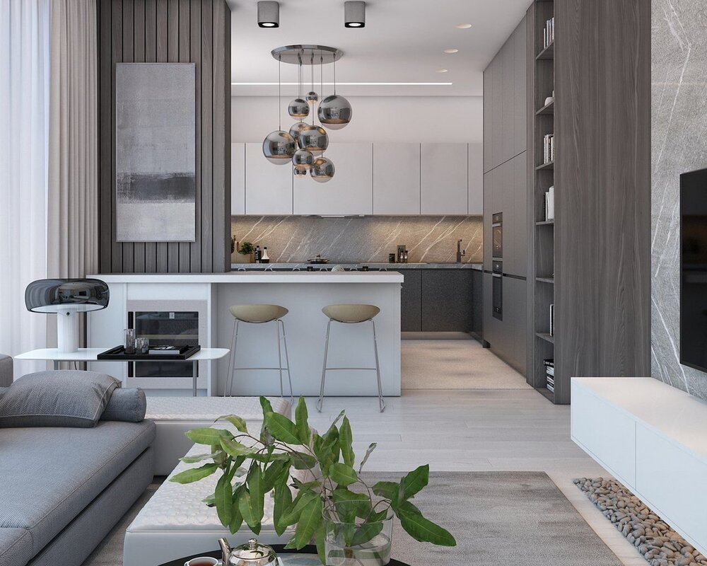 Living room kitchen in gray tones