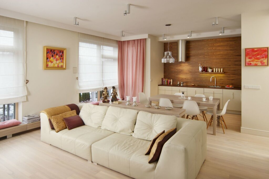 Living room kitchen in warm tones