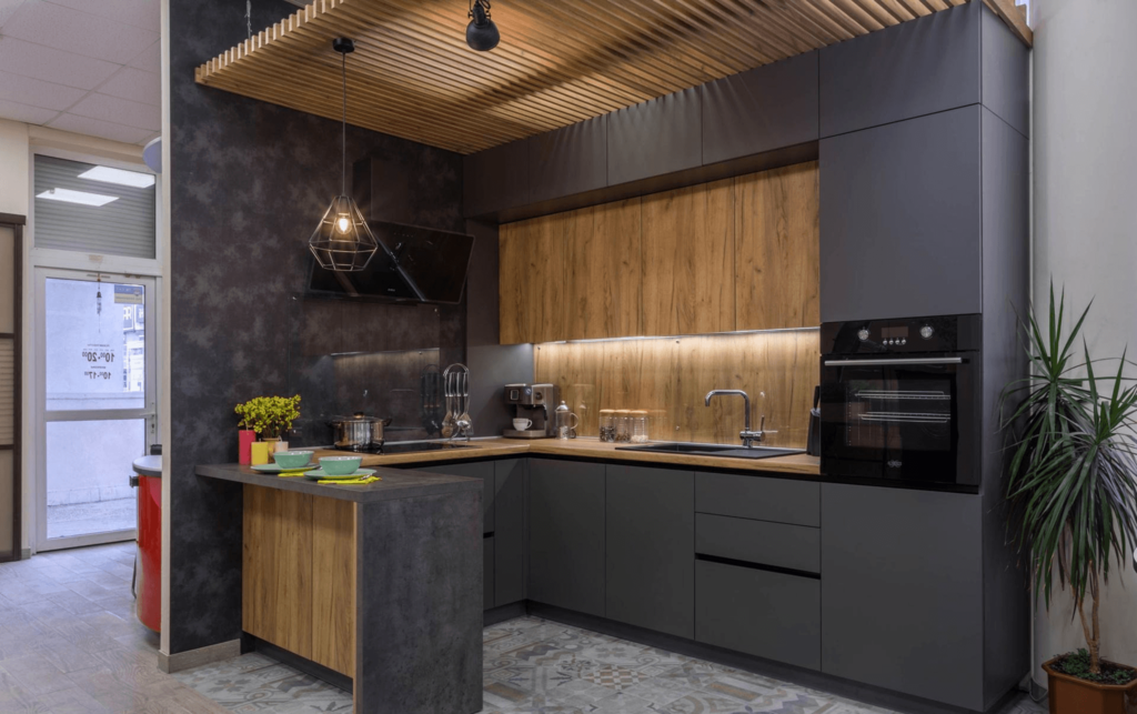 Graphite kitchen with wood in the interior