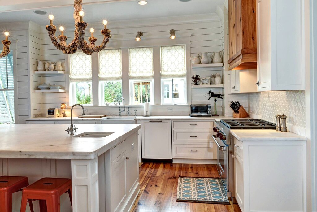 A kitchen made of clapboard