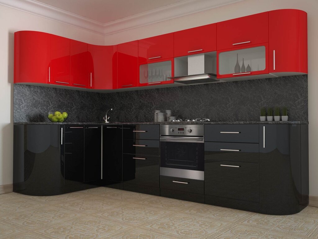 Kitchen: red top, black bottom