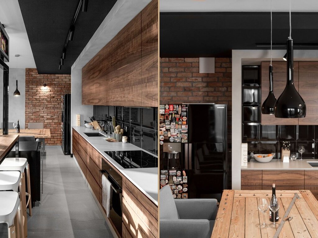 Loft kitchen black with wood 35 фото