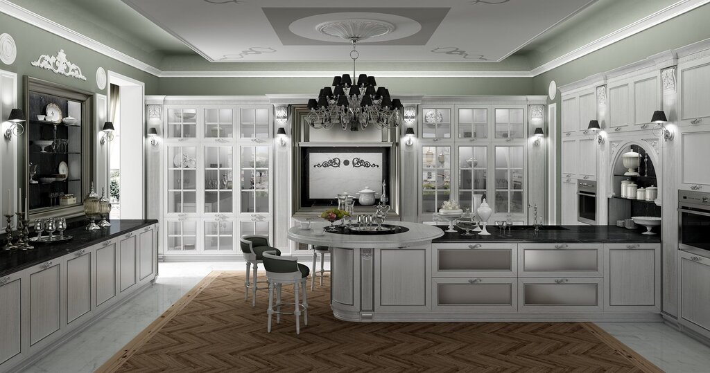 Neoclassical kitchen with an island