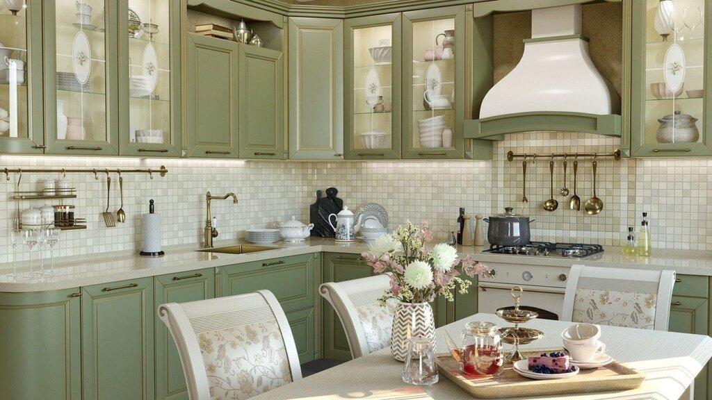 A Provence-style kitchen in olive color