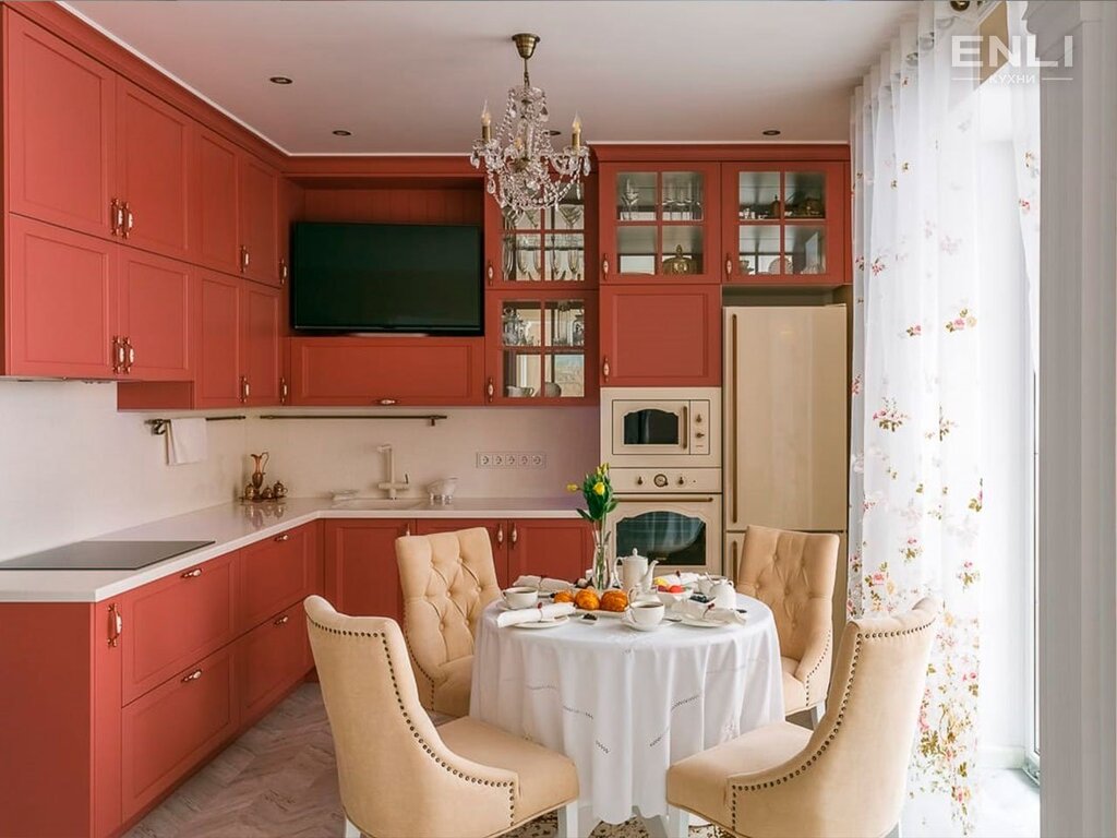 Peach-colored kitchen