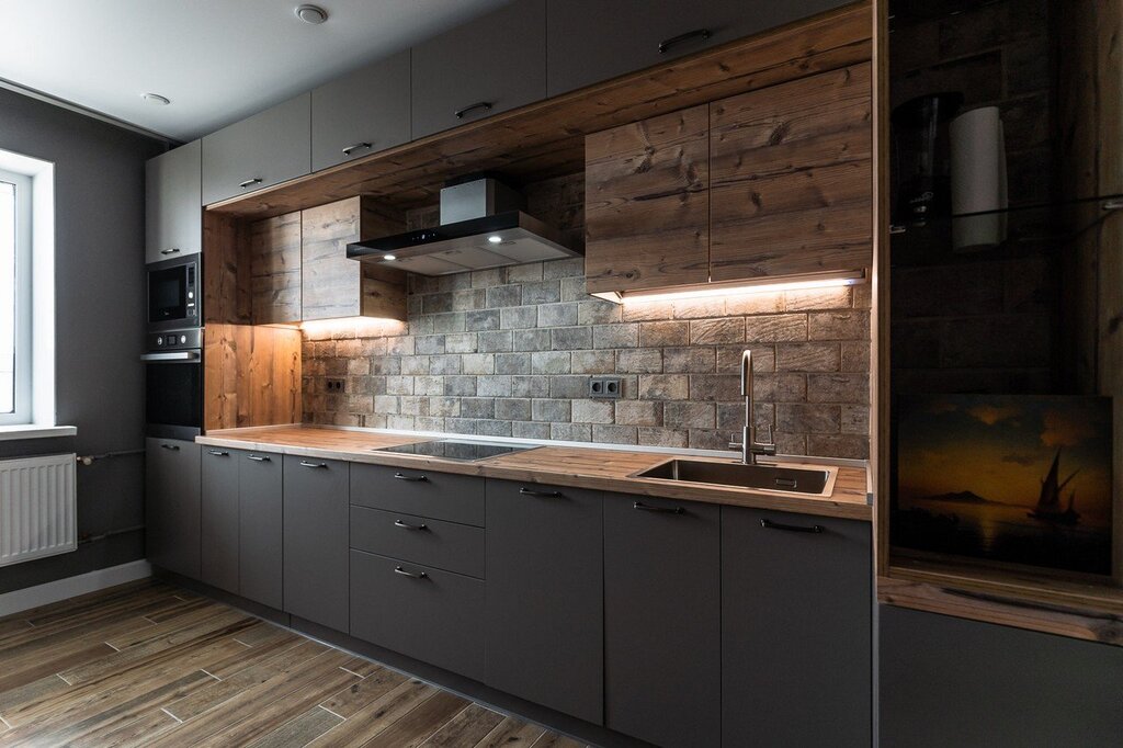 Kitchen under concrete with a wooden countertop