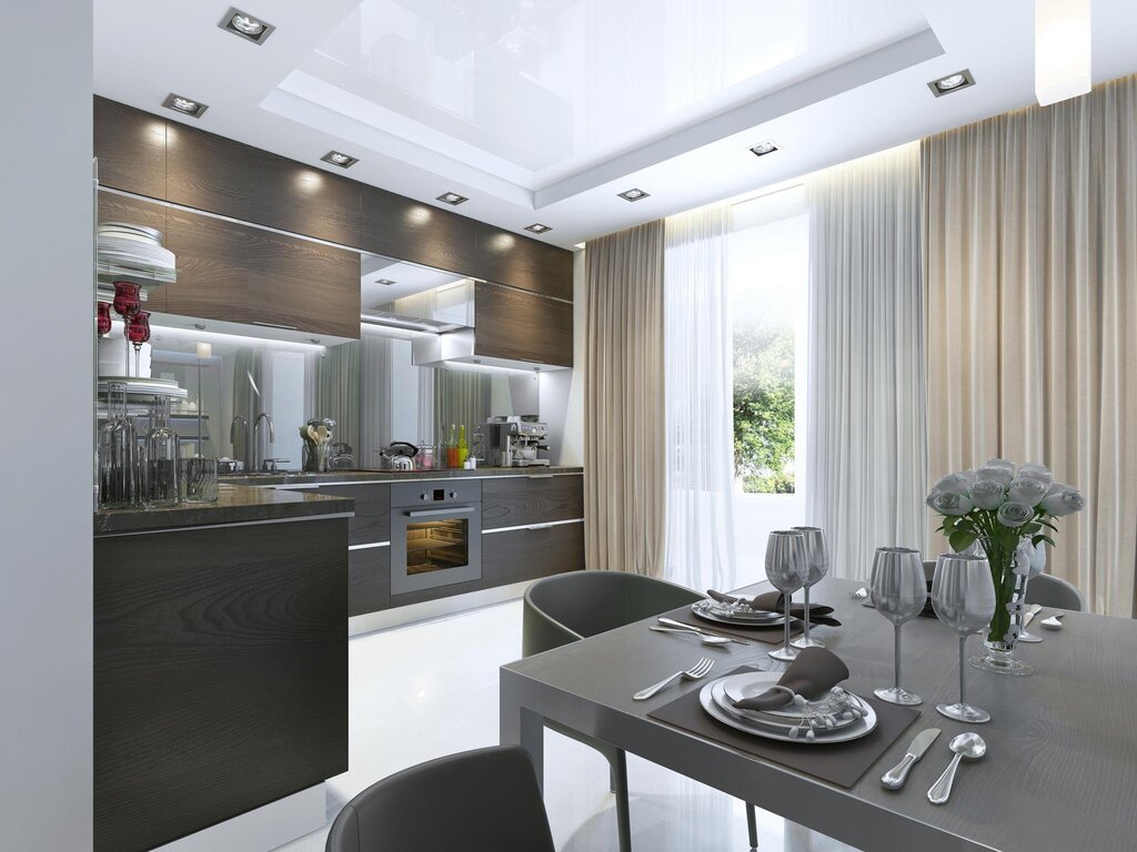 Kitchen under a stretch ceiling