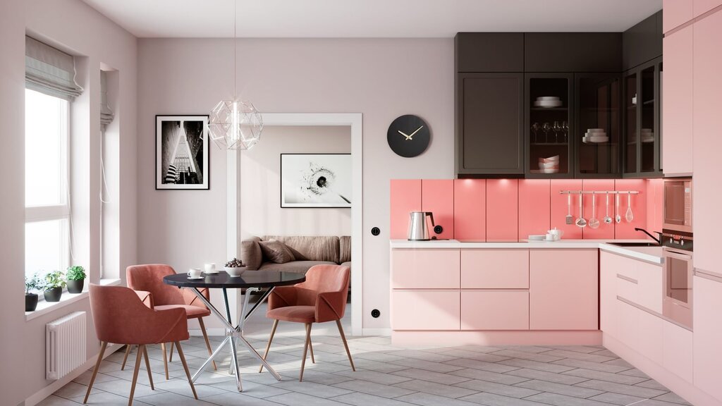 The kitchen is pink with gray