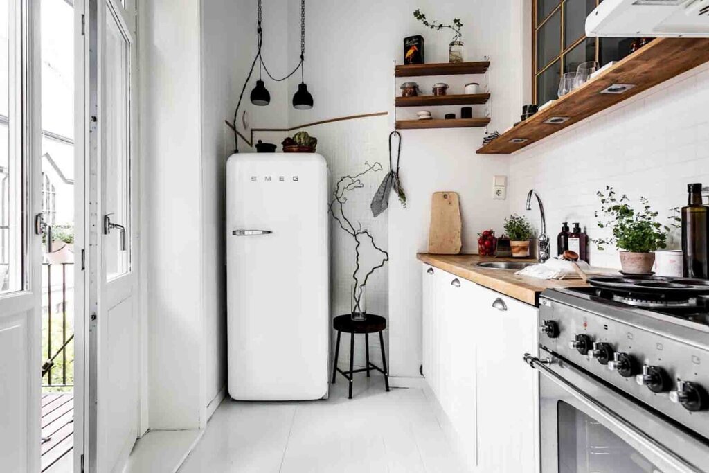 Kitchen with a white refrigerator