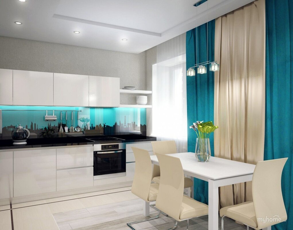 A kitchen with a turquoise backsplash