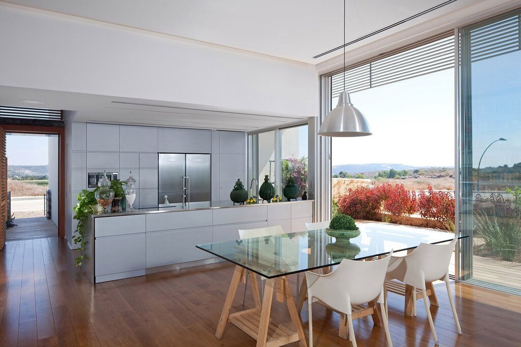 A kitchen with large windows