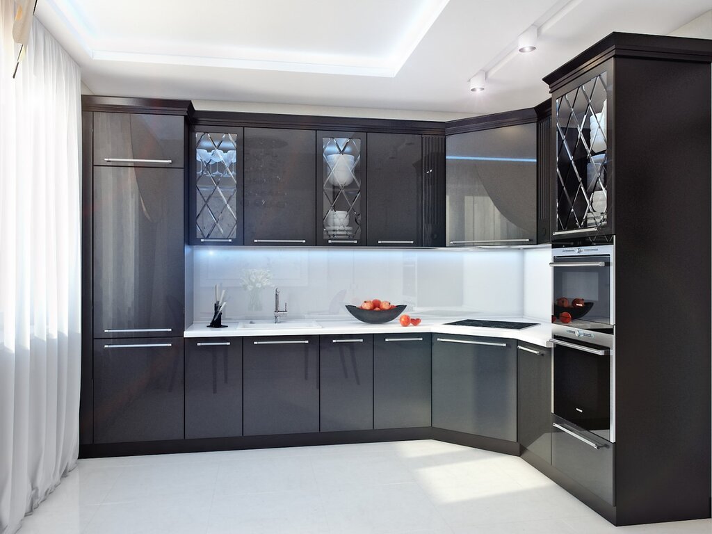 Kitchen with black glass fronts