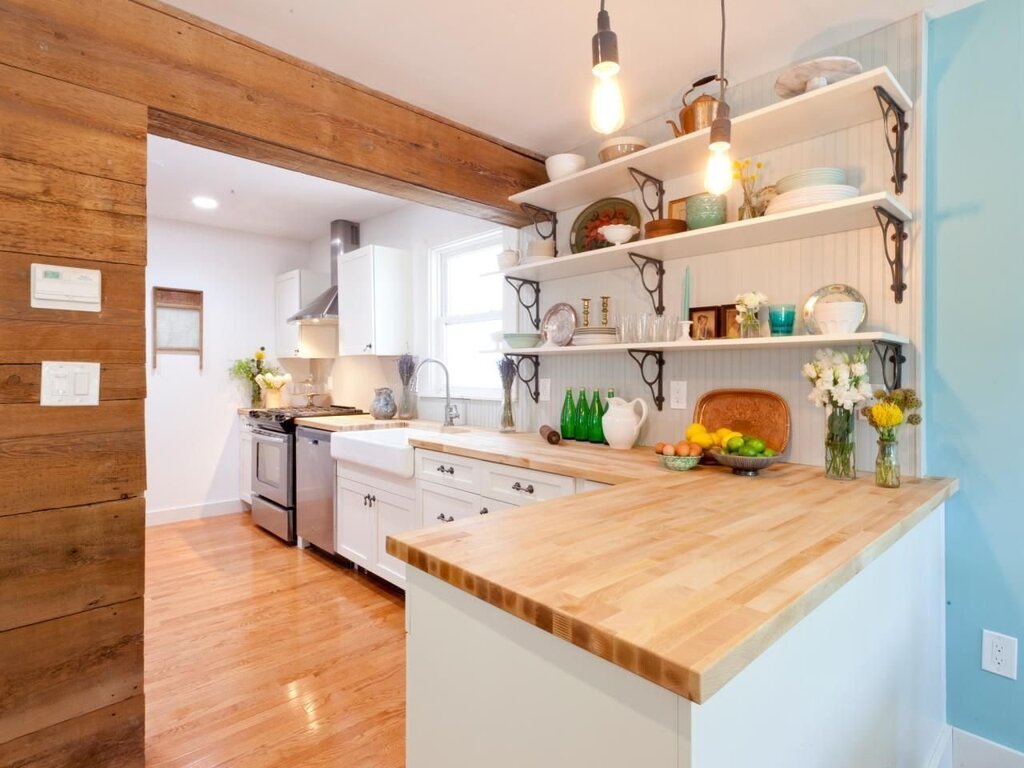 A kitchen with a wooden countertop