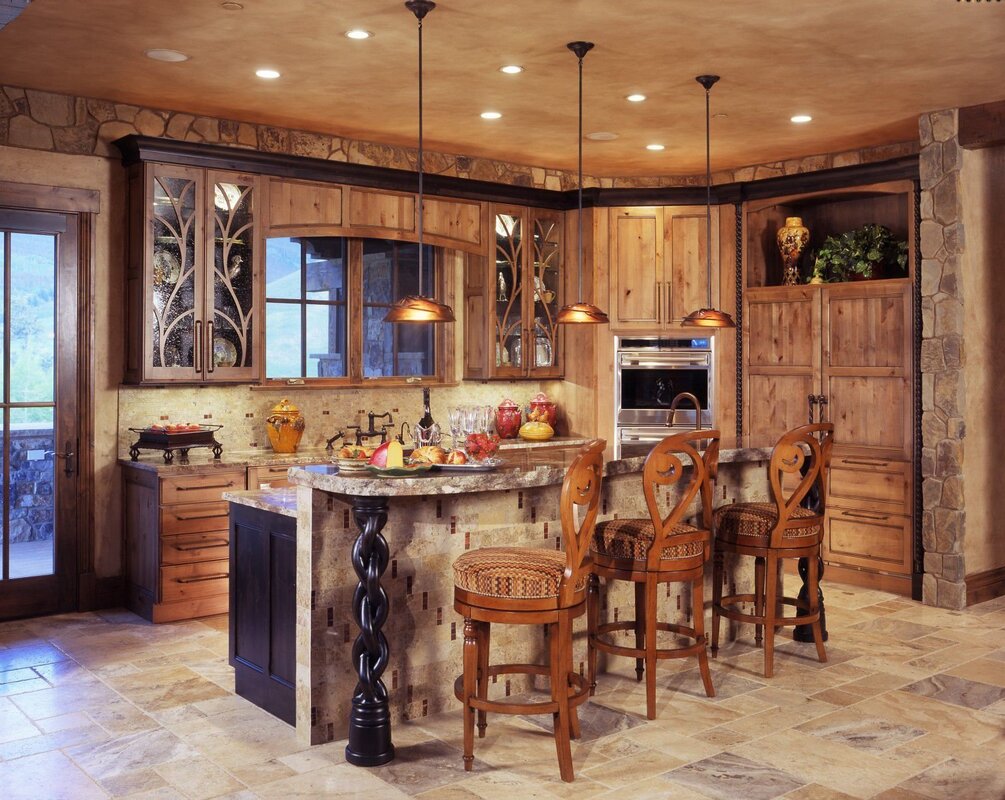 A kitchen with wooden elements