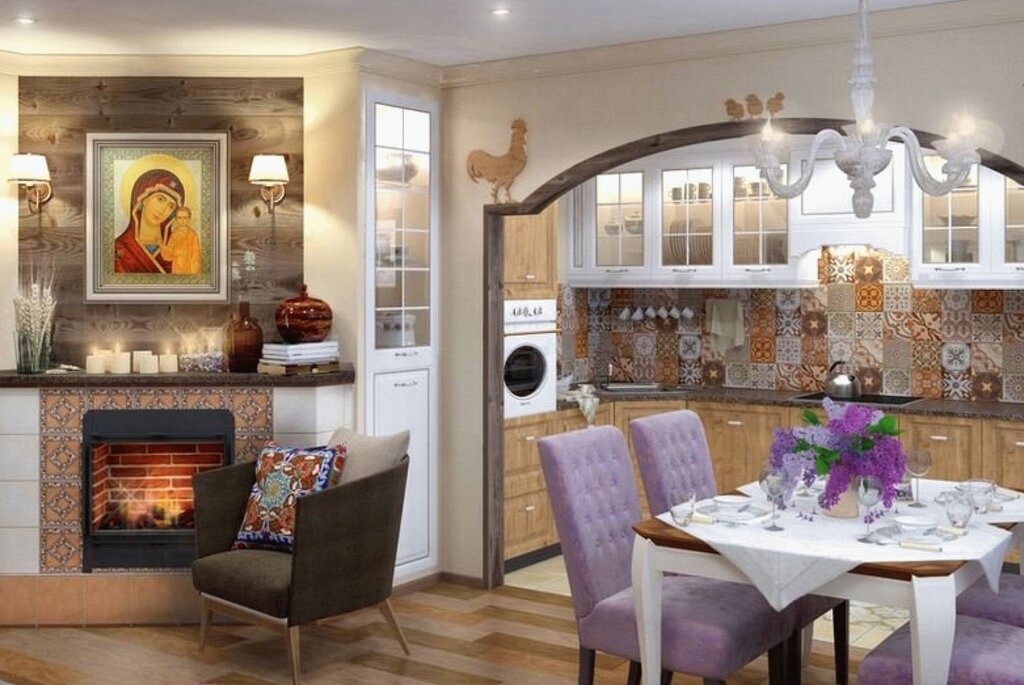 Kitchen with a fireplace