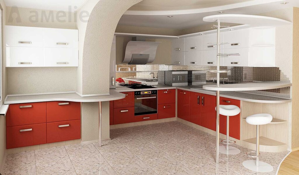 A kitchen with a sharp angle