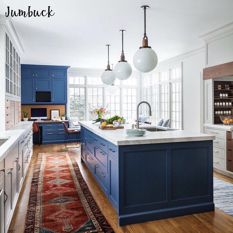 A kitchen with blue fronts