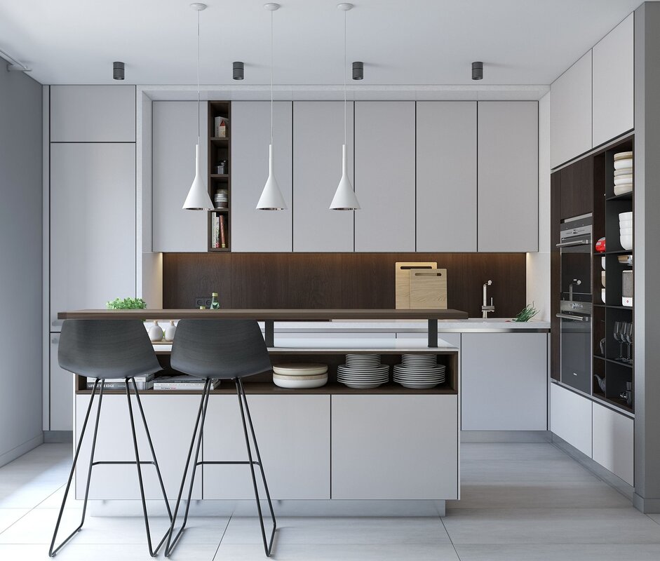 A kitchen with tall cabinets