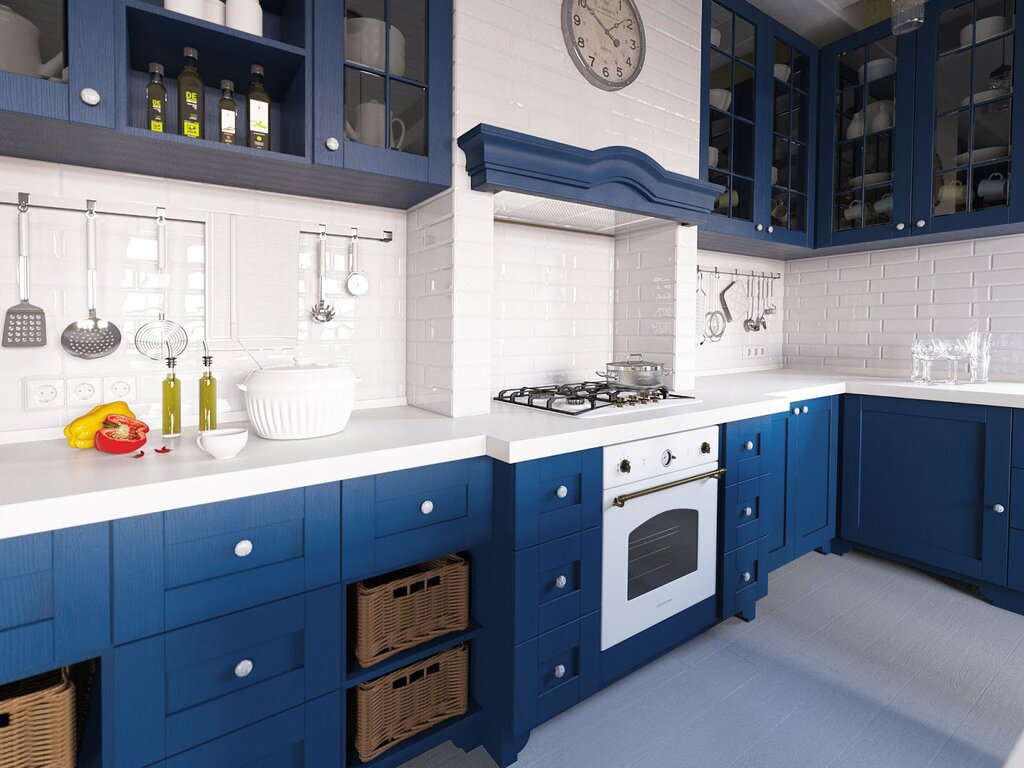 Blue matte kitchen with white