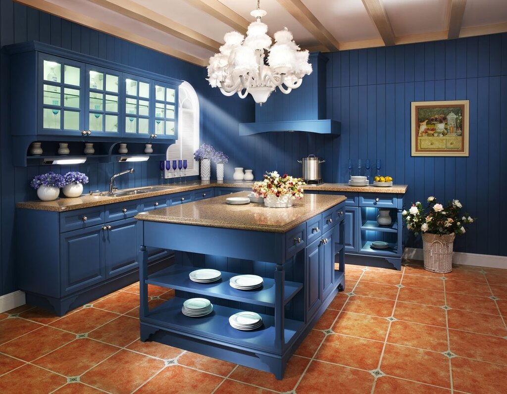 The kitchen is blue with wood