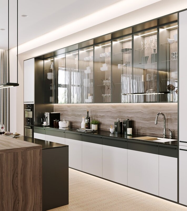 Kitchen with glass fronts